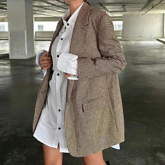 Brown Preppy Womens Lapel Neck Flap Detail Single Button Blazer - Picture 5 of 5